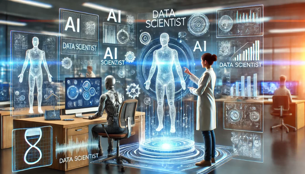 3D-illustration-of-a-futuristic-office-where-a-human-data-scientist-collaborates-with-an-AI-assistant-surrounded-by-holographic-data-visualizations.