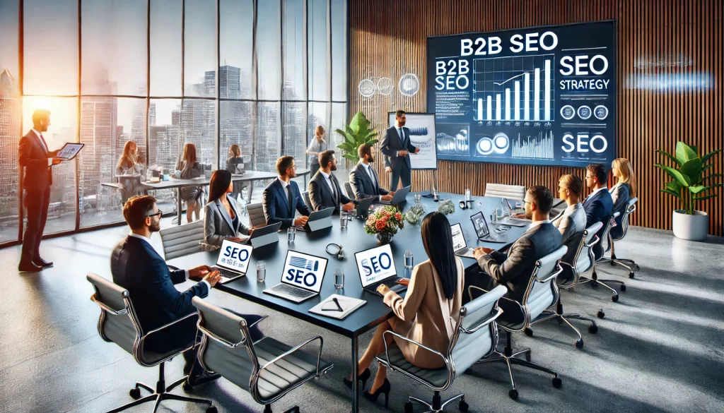 A-professional-digital-marketing-workspace-showcasing-a-B2B-SEO-strategy-meeting-The-scene-features-a-sleek-conference-table-with-laptops-and-tablets.