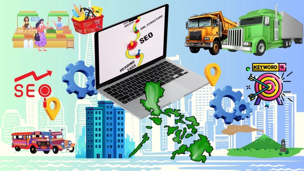 Local-SEO-strategies-for-businesses-in-the-Philippines-with-a-map-location-pins-and-Filipino-landmarks.