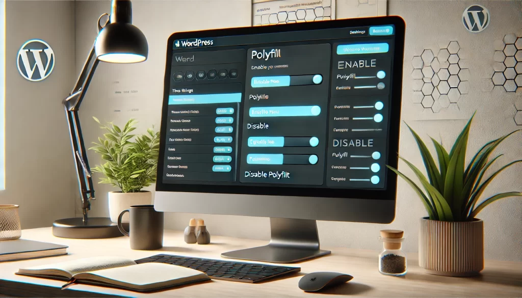 A-modern-WordPress-dashboard-displayed-on-a-desktop-computer-screen-showing-a-theme-or-plugin-settings-page-with-an-option-to-enable-or-disable-Polyfill.-The-workspace-includes-a-potted-plant-notebook-and-coffee-cup-on-a-minimalistic-desk-conveying-a-professional-and-tech-savvy-environment.