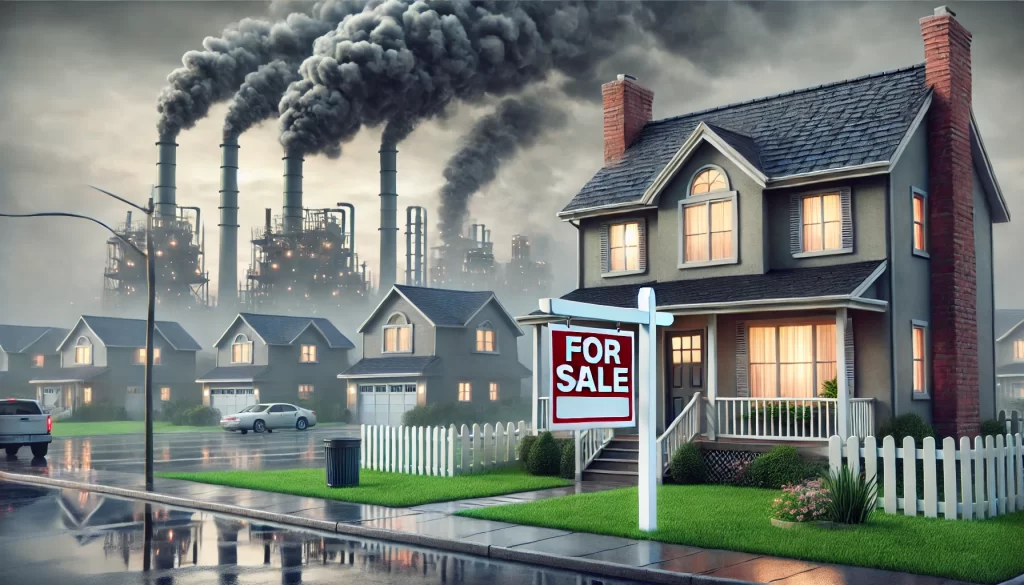 Suburban-neighborhood-with-a-house-for-sale-showing-signs-of-damage-from-man-made-disasters-with-a-factory-emitting-smoke-in-the-background-under-an-overcast-sky.