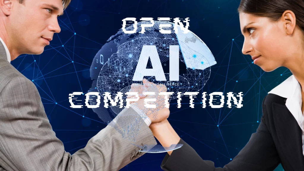 Two-business-professionals-arm-wrestling-symbolizing-intense-competition-in-AI-with-Open-AI-Competition-text-overlay-on-a-futuristic-digital-background